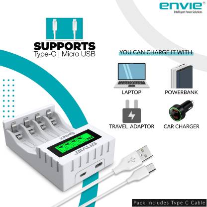 Envie Ultra Fast Charger ECR 11 MC | For AA & AAA Ni-mh Rechargeable Batteries | With LCD Display | 2000MA output current| Compatible with Power Banks | Car Charger | Laptop | Travel Adapter (White) (ECR 11 MC) Camera Battery Charger  (White)